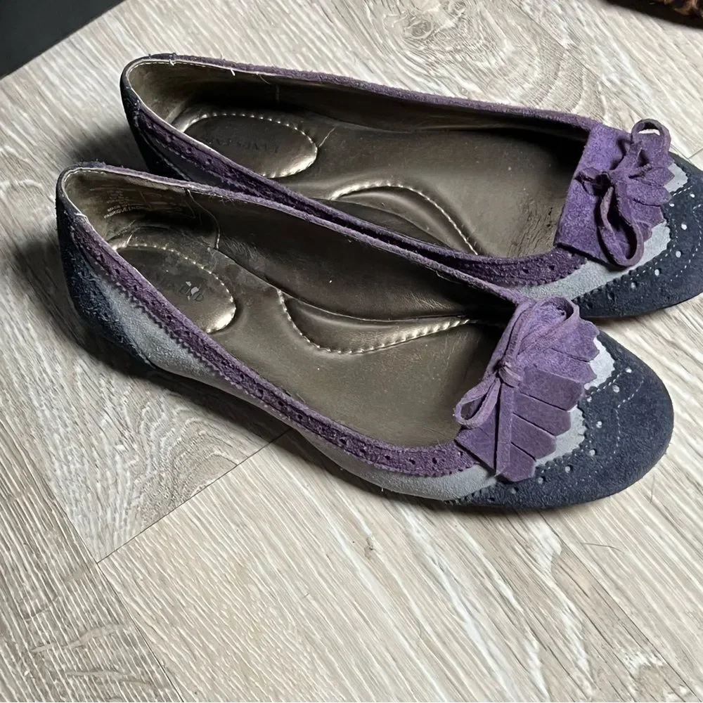 Lands End Purple Navy Suede Leather Kiltie Cap Toe Bow Academia Ballet Flats 8 - Picture 3 of 8